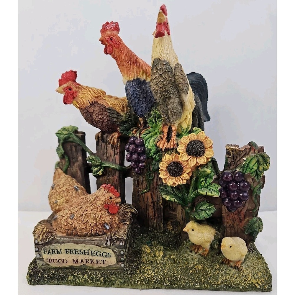 VTG Farmhouse Resin Rooster Hen Chicken Family Statue - Sunflowers - Fresh Eggs
